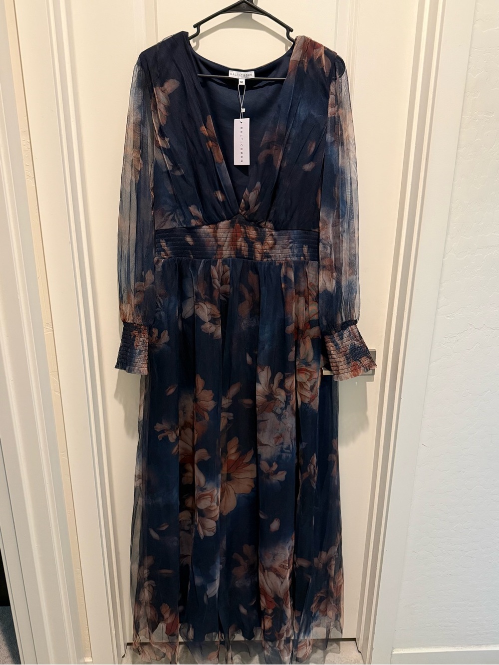 Baltic Born Navy Floral Maxi Dress with Sheer Sleeves